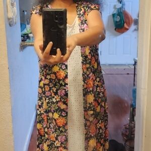 Colorful floral cardigan with white maxi dress